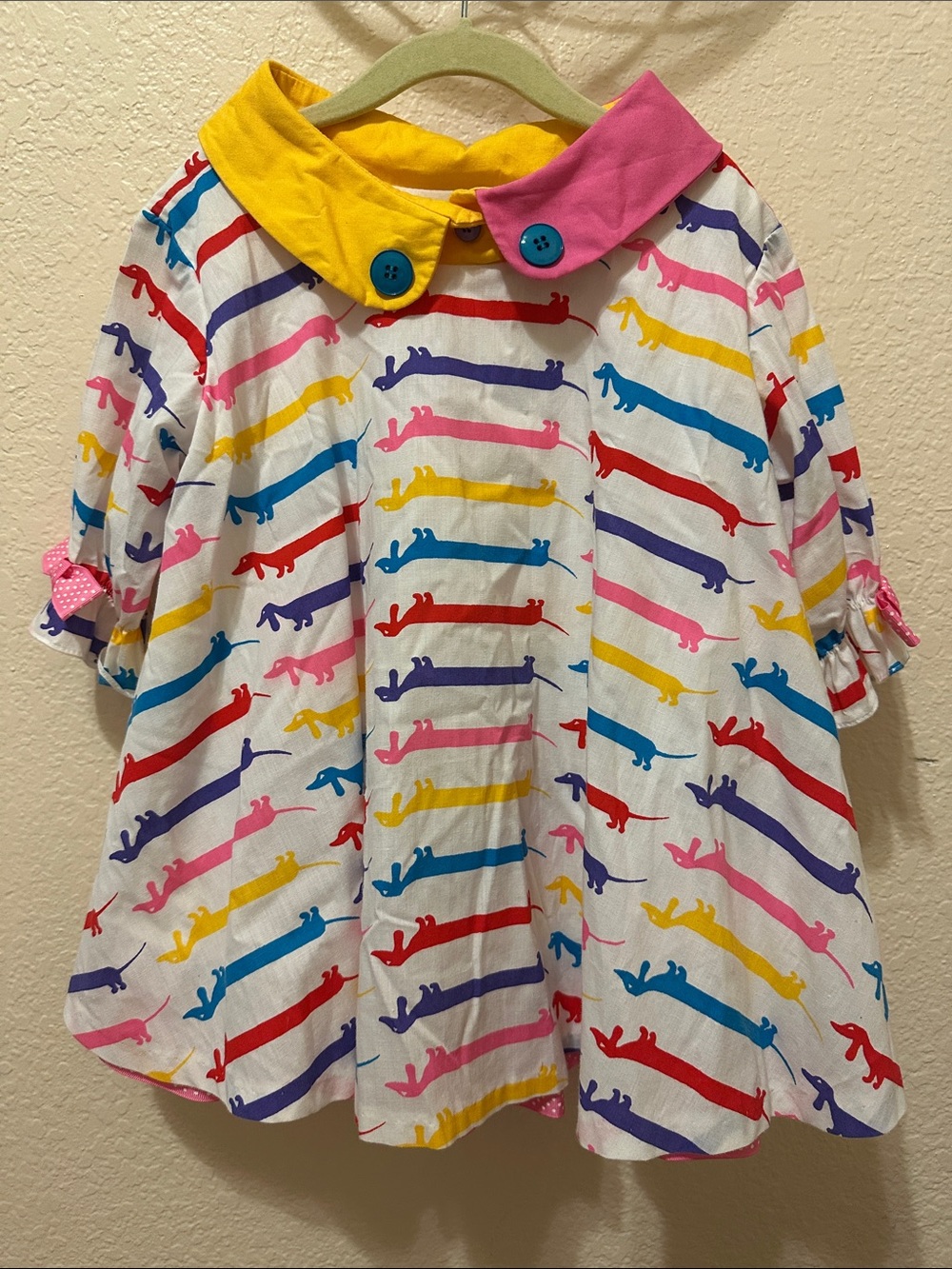 Vintage Bright Multicolor Dachshund Print Dress with Yellow Collar